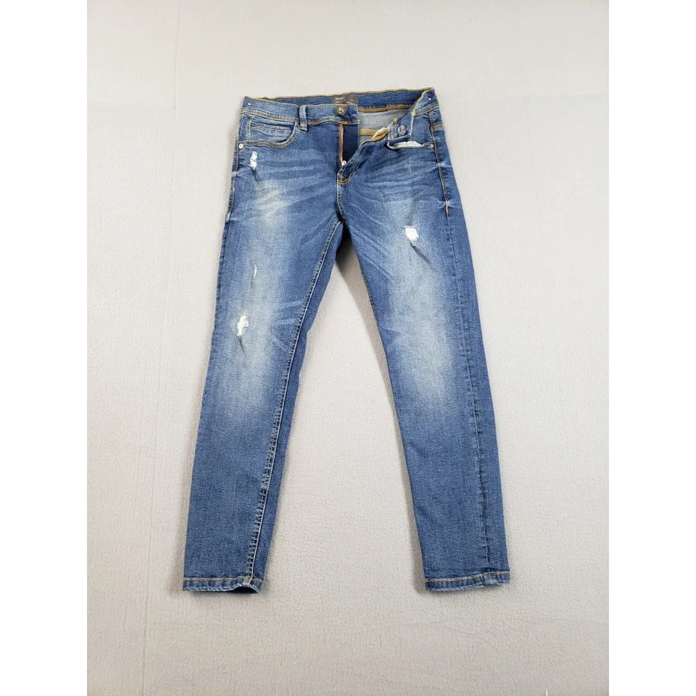 ZARA Men Jean 31 Blue Denim Skinny Mid Rise Distressed Medium Wash 5 Pocket